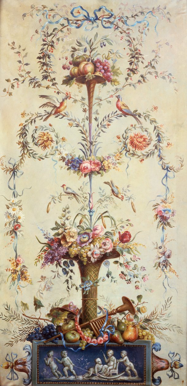En trompet av blomster og frukt dekorert med kranser av blomster (akvarell) av School French