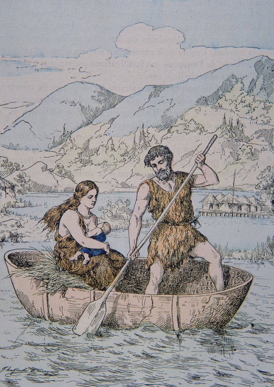 Gamle gallere i båt av typen Coracle (farge litho) av School French