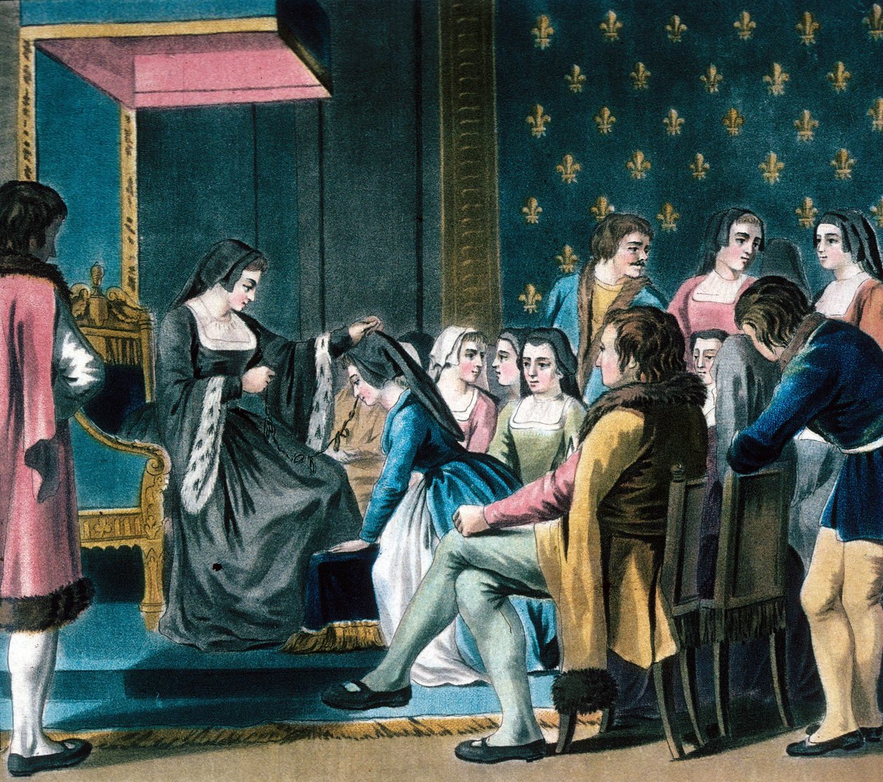 Anne de Bretagne gir 'Ordre de la Cordeliere' til en dame-i-vente (farget gravering) av School French