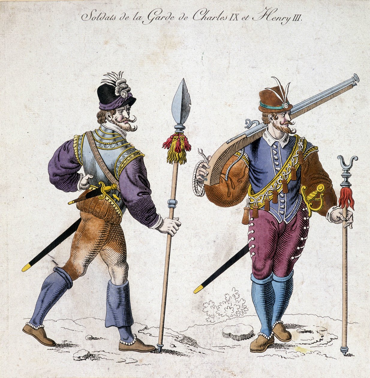 Kostymer til soldater fra garde av Charles IX (1550-1574) og Henry III (1574-1589). av School French