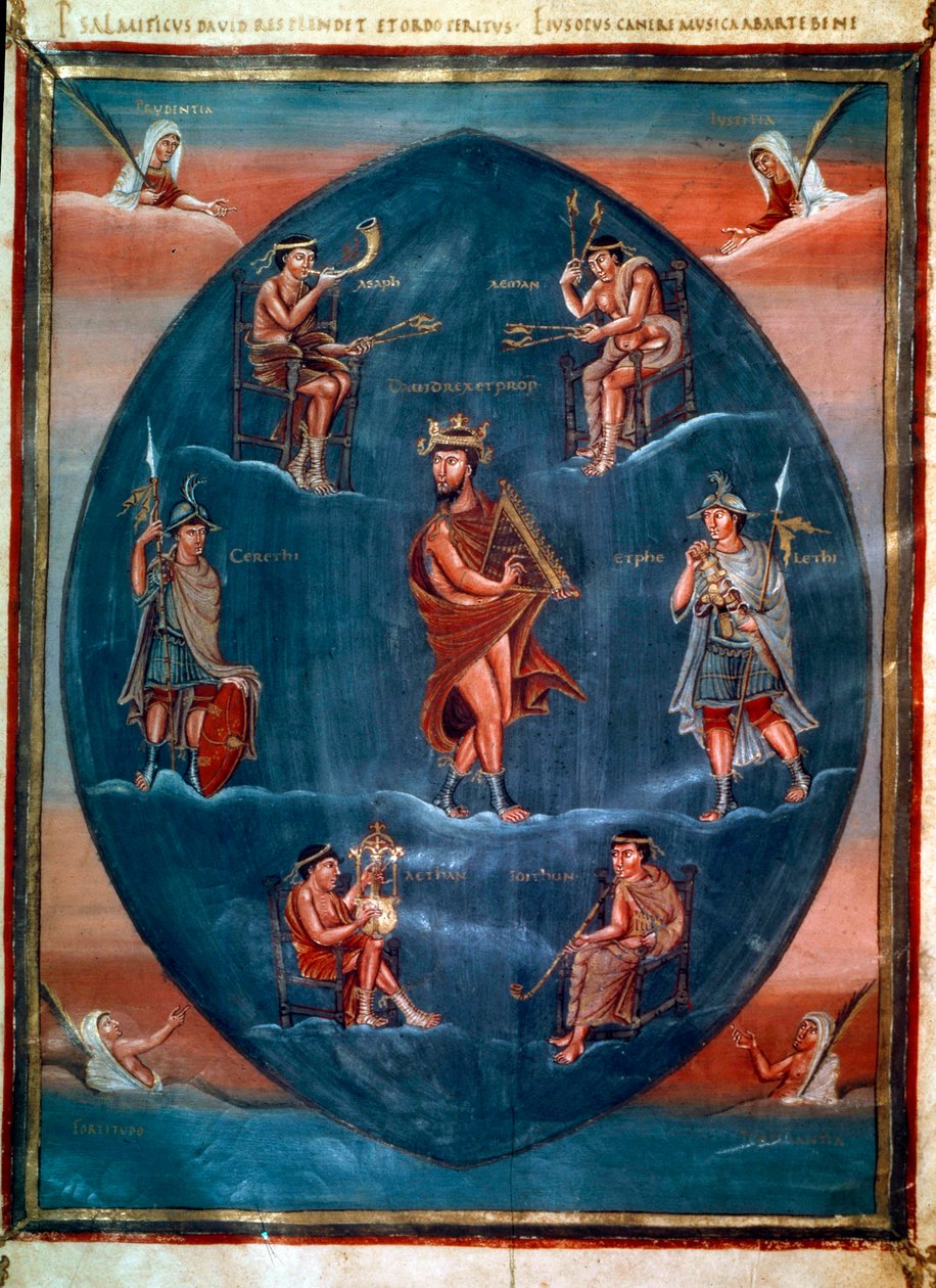 David spiller harpe, omgitt av fire musikere, to vakter og fire kardinaldyder. Miniatyr i "" First Bible av Charles the Bald, også kjent som Bibelen til Vivian"" (Folio 215v). Anonym, Frankrike, Tours (Saint-Martin). BN, Paris av School French