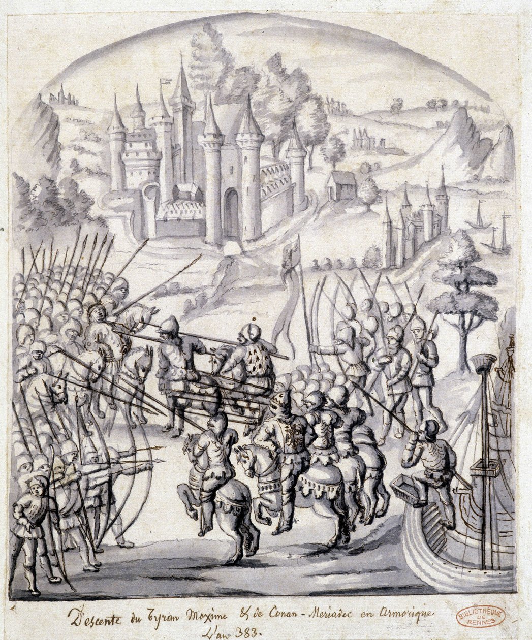 Nedstamming av tyrannen Maxime av Conan-Meriadec i Armoric i 383 av School French