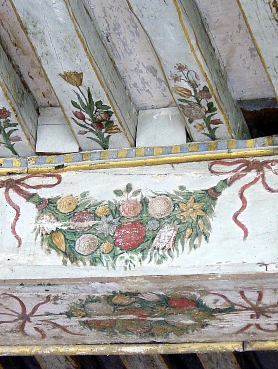 Detalj av malte bjelker (malt tre) av School French