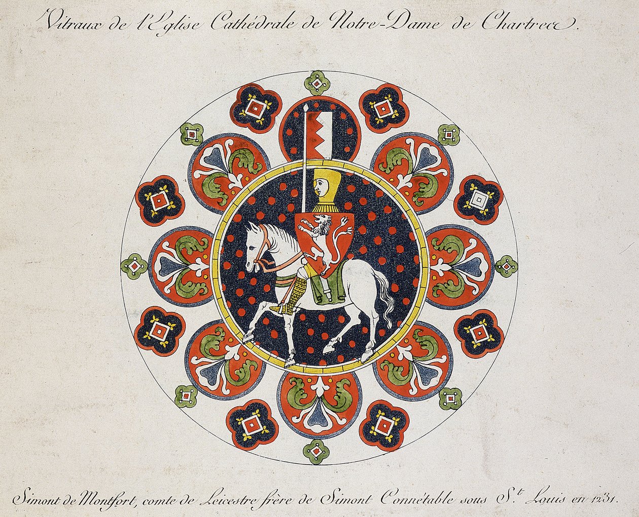 Tegning av rosevinduet i Chartres: Simon de Montfort (farge litho) av School French