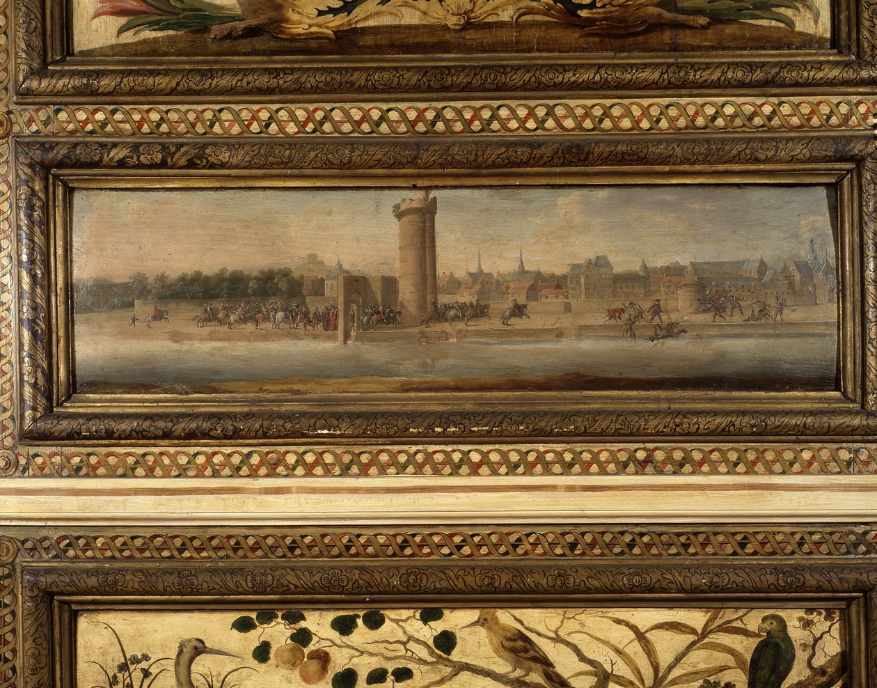 Henri IV:s inntreden i Paris: Charles de Cossé Brissac (Cosse-Brissac) åpnet for Henri IV (1553 - 1610) døren til konferansen (1594) - medianlandskapet til et av de store panelene i rommet - Salon de the Meilleraye. Arsenal. Maleri av Quilleriez a av School French