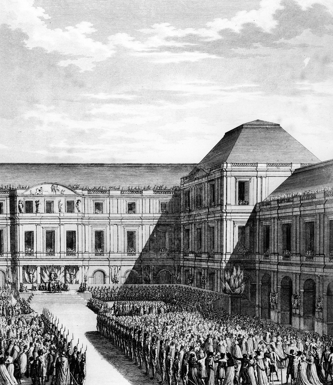 Fete gitt av Napoleon I Bonaparte (1769-1821) i National Palace of the Directory (Palace of Luxembourg) i Paris etter handelen med Campo Formio 20. fredag ​​An VI (10. desember 1797). Paris, bibliotek ved Institutt for revolusjonshistorie av School French