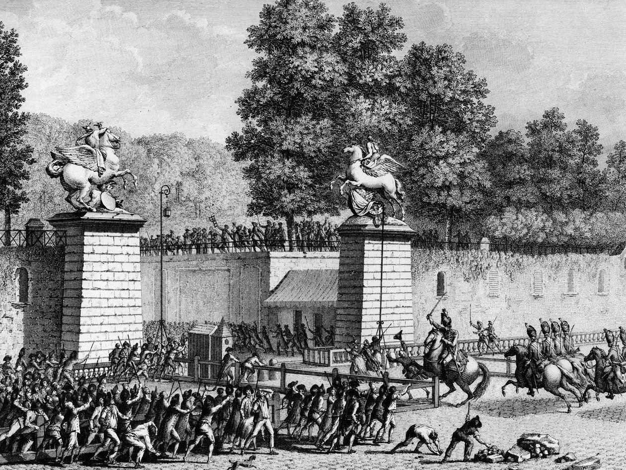 Første av den franske revolusjonen: Monsieur Charles Eugene de Lorraine, prins av Lambesc (1754-1825) gikk inn i Tuileriene med en avdeling av kongelig tysk 12. juli 1789 for å undertrykke de første revolusjonære. Paris, bibliotek ved Institutt for histori av School French