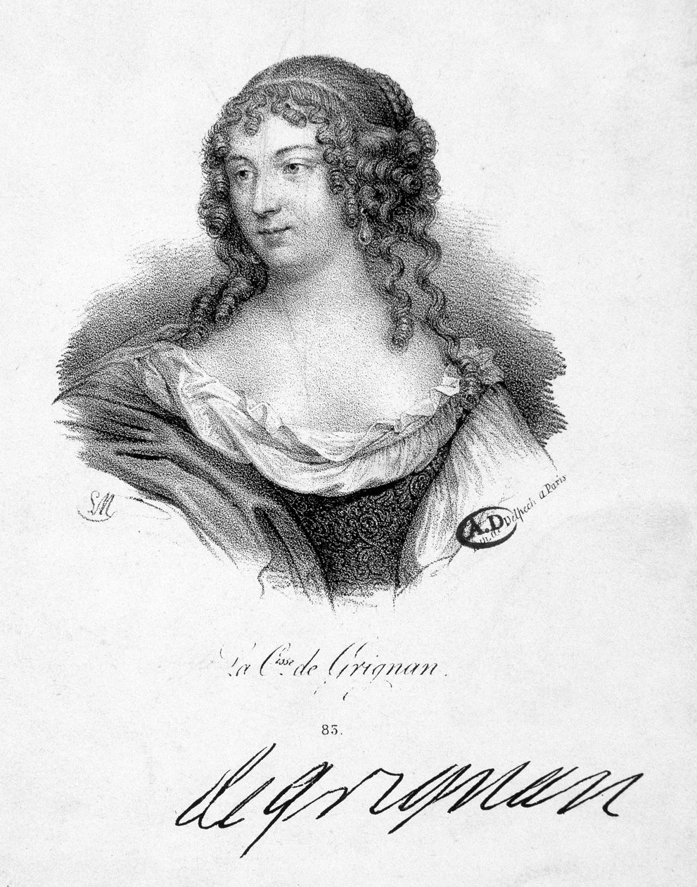 Francoise Marguerite de Sevigne, grevinne av Grignan (1648-1705), datter av Marie de Rabutin-Chantal (Rabutin Chantal), markis av Sevigne dit Madame de Sevigne (1626-1696) - gravering, n.d. av School French