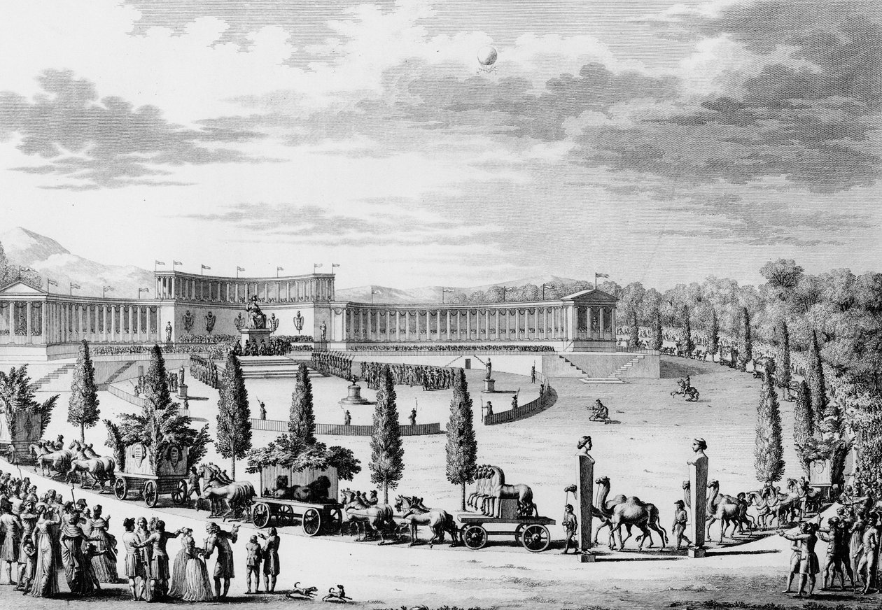 Fransk revolusjon: Feet gitt i anledning den triumferende inngangen til monumentene for vitenskap og kunst i Frankrike den 9. og 10. Thermidor An VI (28. juli 1798) under ordre fra konsul Napoleon Bonaparte (1769-1821) (plyndringskampanje) . Paris, av School French