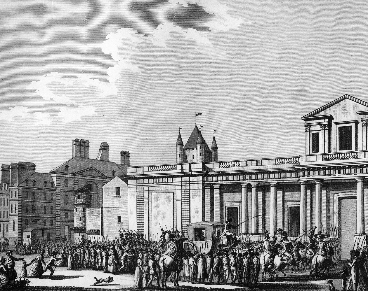 Fransk revolusjon: Overføring av kongefamilien (Louis XVI, Marie Antoinette, delfinen Louis Charles de France eller Louis XVII og Marie Therese kjent som "Madame Royale") til Temple-fengselet i Paris 13. august av School French
