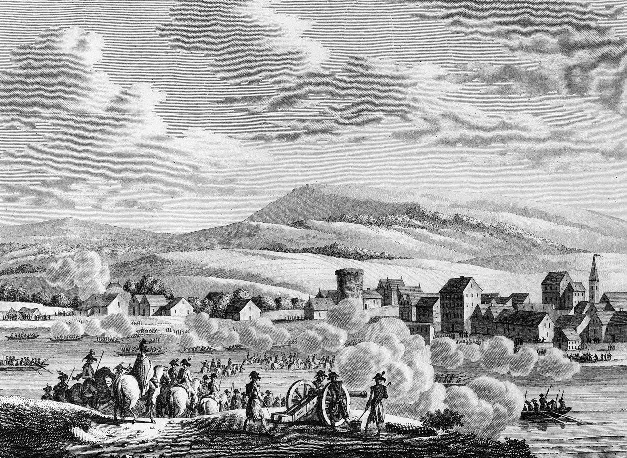 Fransk revolusjonskrig og antirevolusjonære bevegelser: Franske tropper passerer Rhinen til Düsseldorf, Tyskland, den 20. Fructidor An III (6. september av School French