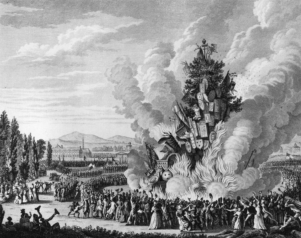 Den franske revolusjonen: minne om erobringen av Bastillen 14. juli 1792 med en stor bucher som brenner symbolene til monarkiet fra Tuilerie-palasset. Paris, bibliotek ved Institutt for revolusjonshistorie av School French