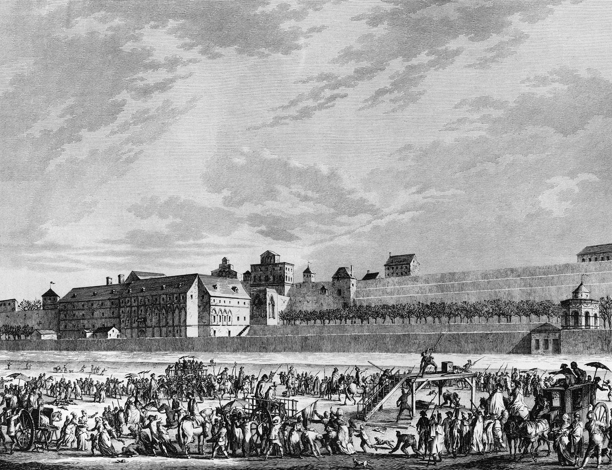 Fransk revolusjon og antirevolusjonære bevegelser: Jean Sylvain Bailly (1736-1793) død den 12. november 1793 giljotin, for å ha deponert til fordel for Marie Antoinette ved hans høring, på esplanaden til Champ de Mars i Paris. Paris, bibliotek o av School French