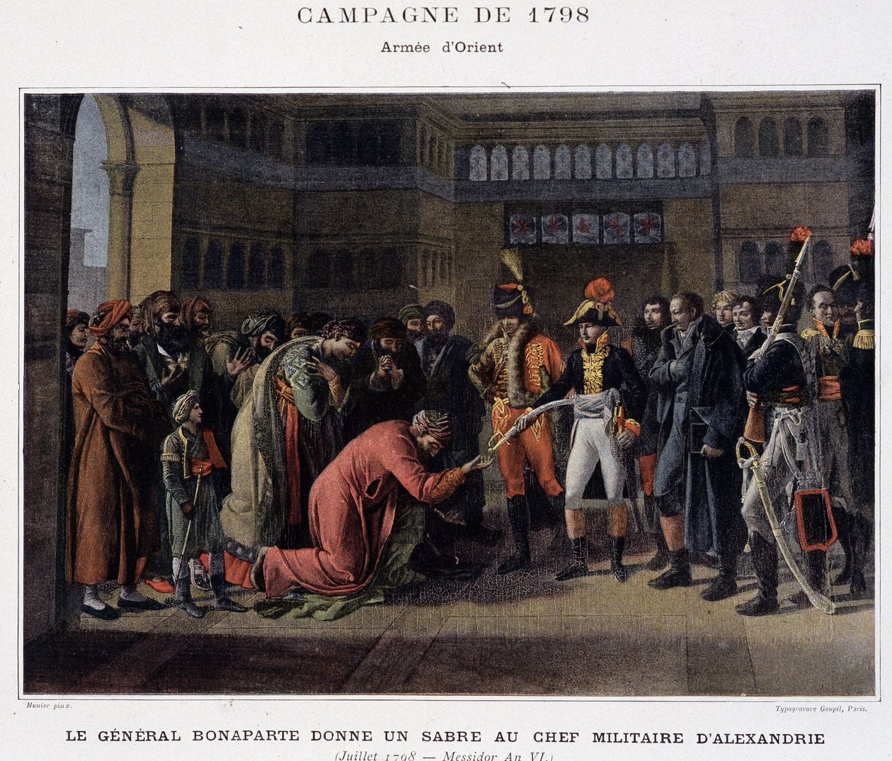 General Bonaparte gir et sverd til militærlederen i Alexandria - i "" Victoires et Conquêtes des Armees Francaises", Paris, n.d. av School French