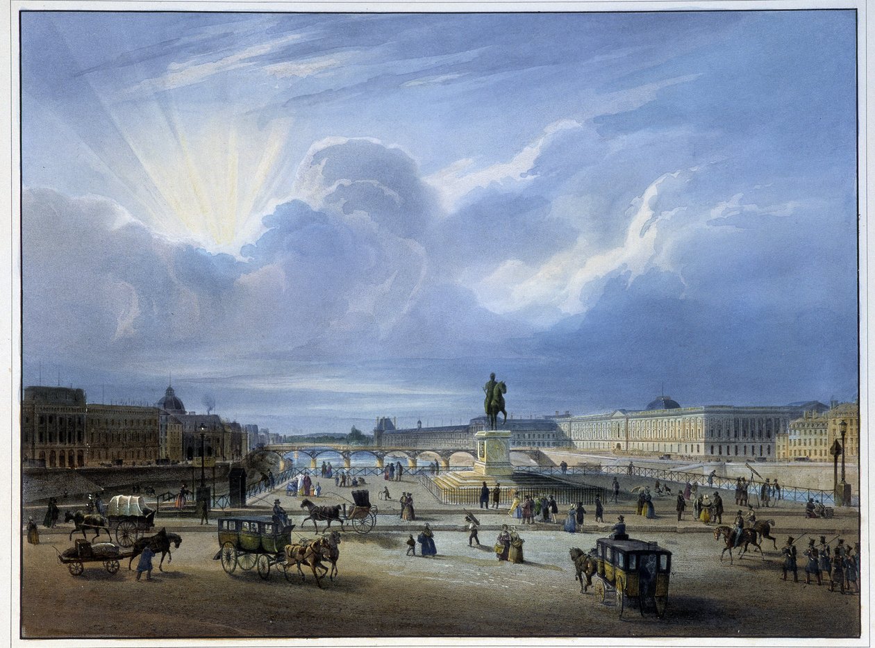 Generell utsikt over Louvre med statuen av Henry IV av School French