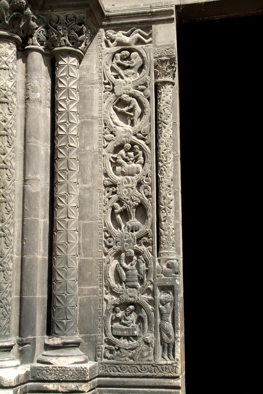 Gotisk kunst: Piright av portalen til høyre for den vestlige fasaden til basilikaen Saint Denis som representerer arbeidet til feltene (til venstre). Saint-Denis, Frankrike av School French