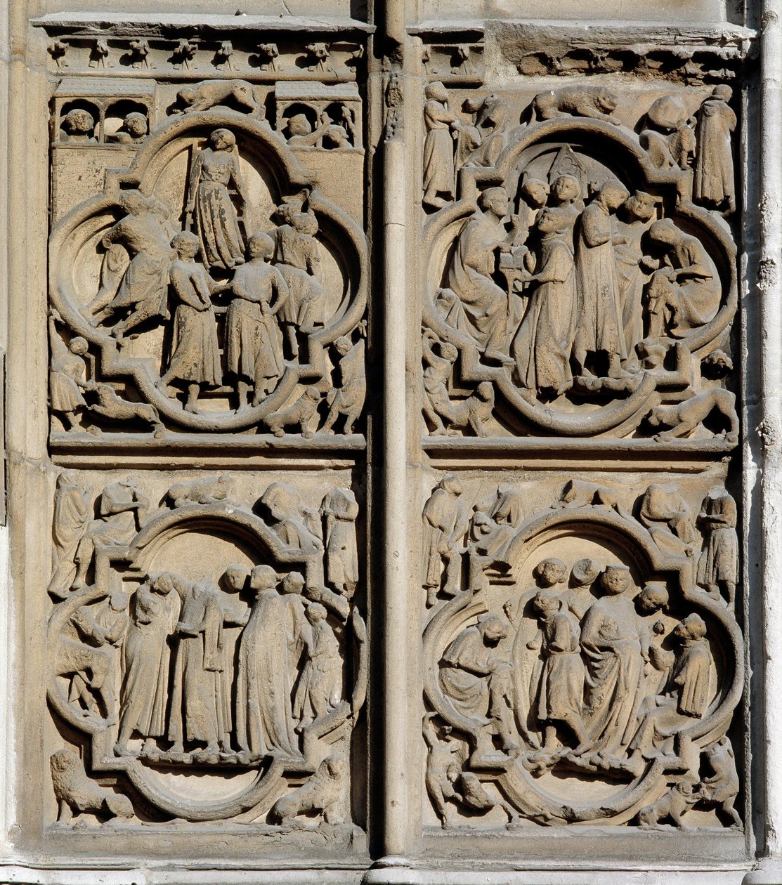 Gotisk kunst: undervisningsscener. Detalj av sørportalen til Cathedrale Notre Dame (Notre-Dame) i Paris av School French
