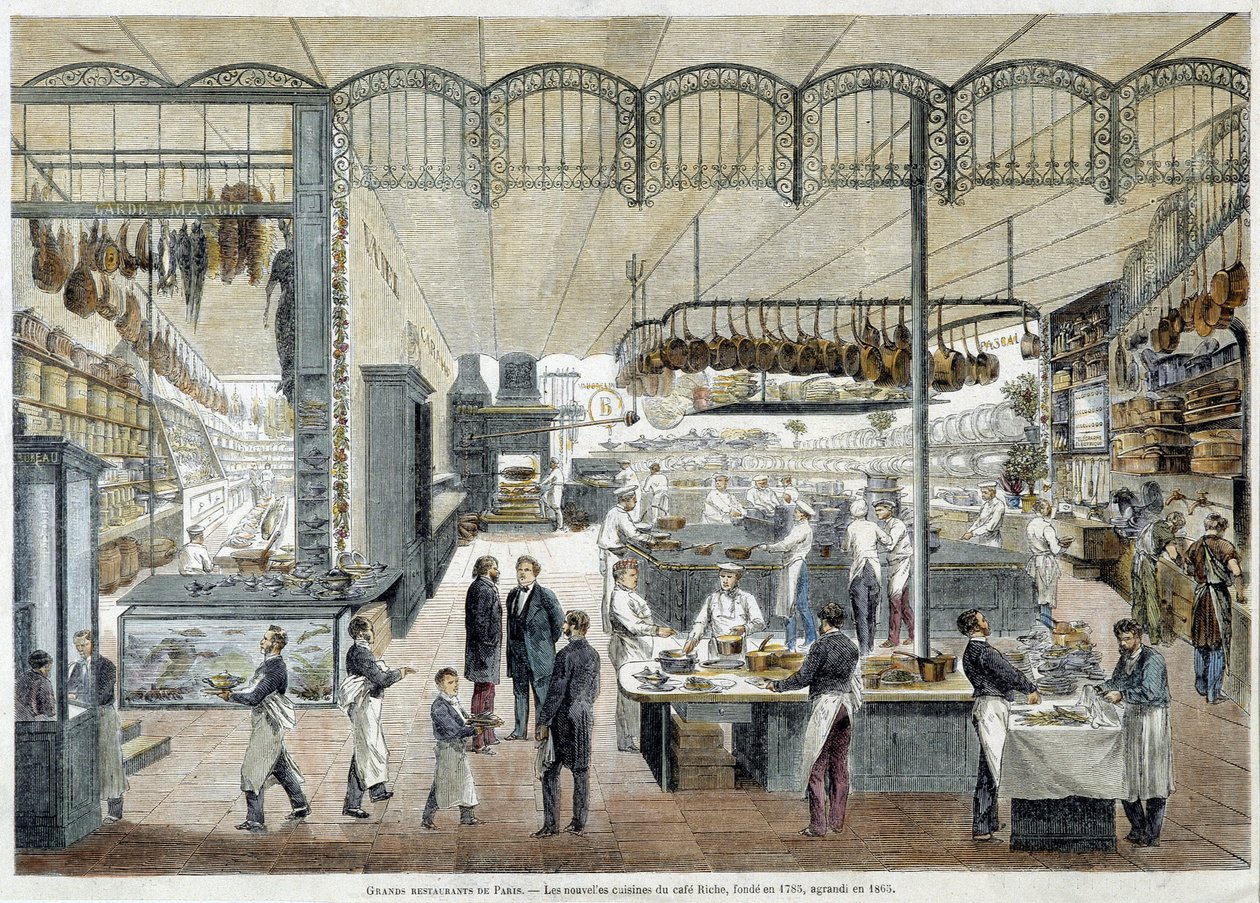 Flotte restauranter i Paris: de nye kjøkkenene til Café Riche, grunnlagt i 1785, utvidet i 1865. av School French