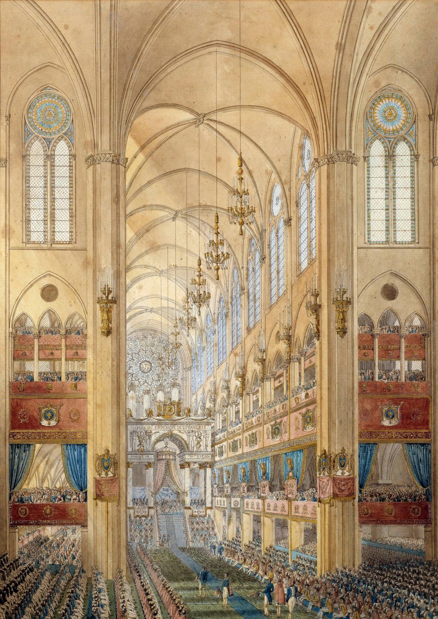 Interiør av katedralen Notre Dame de Paris under helligdommen til Napoleon I (1769-1821) 2/12/1804. Akvarell rundt 1804. Ile d'Aix, Napoleon-museet - Interiøret i Notre Dame-katedralen i Paris under kroningsseremonien Napoleon I (1769-182) av School French