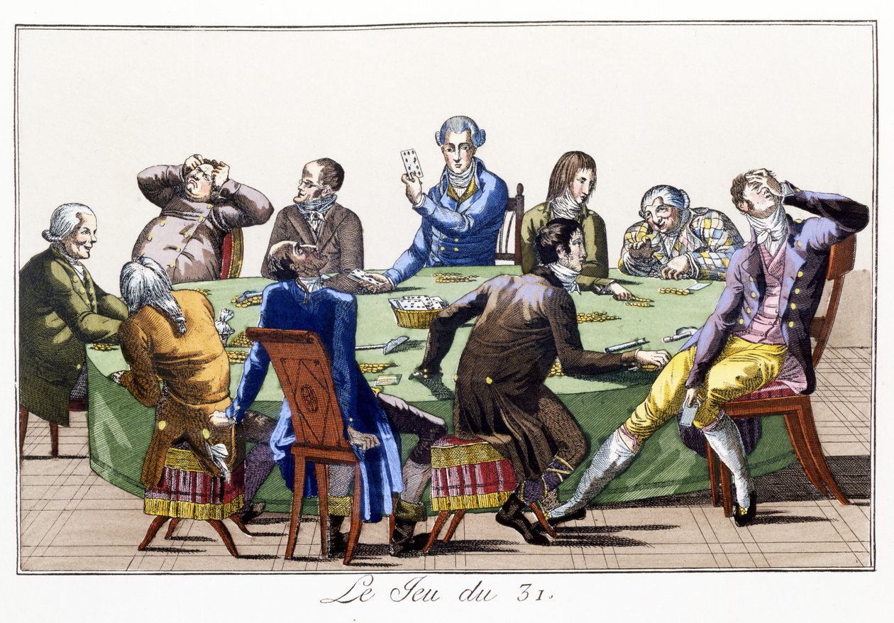 The Game of 31 (håndfarget akvatint) av School French