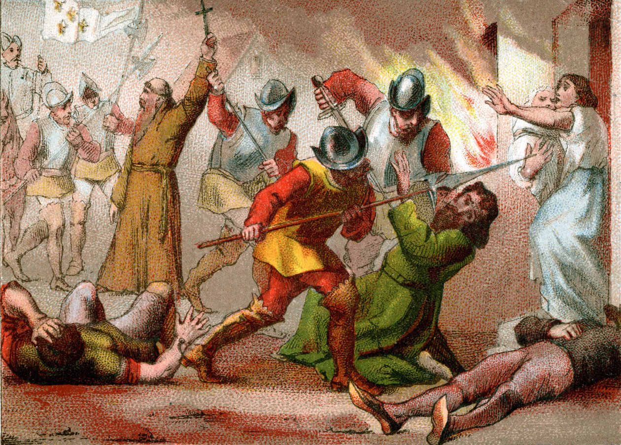 Massakren på protestantene, natten til Sankt Bartelemy, 24. august 1572 (trykk) av School French