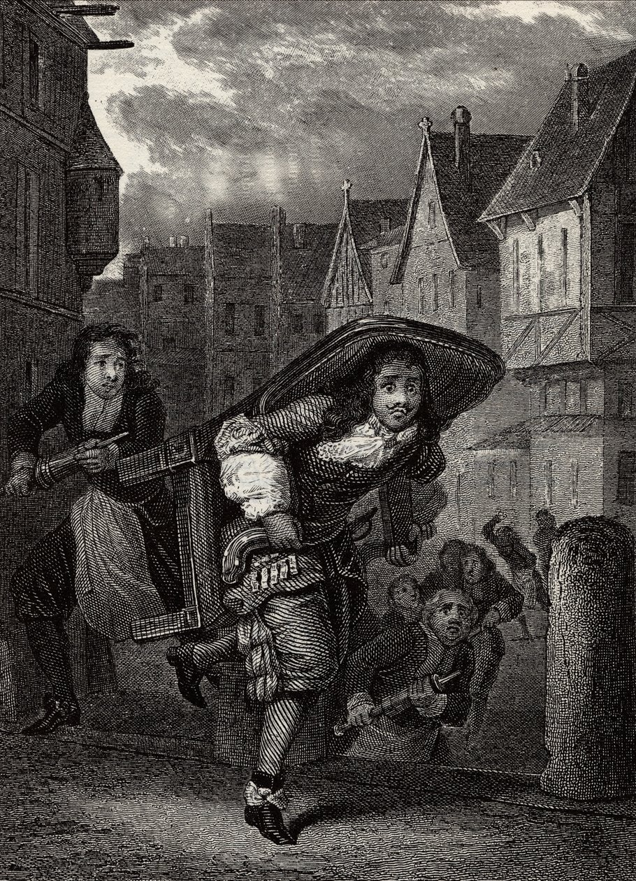 "" Monsieur de Pourceaugnac""" Gravering fra "" verk" av den engelske forfatteren Moliere - Scene fra stykket "" Monsieur de Pourceaugnac"" av Jean-Baptiste Poquelin dit Moliere (Jean Baptiste Poq av School French