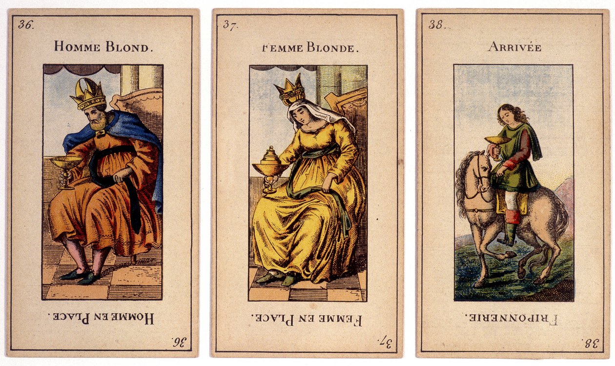 Gamle spillekort som viser kongen ""blond mann"", dronningen ""blond kvinne"" og ankomsten ""friponnerie""". Kartmuseum i Joulier, Issy-les-Moulineaux. av School French