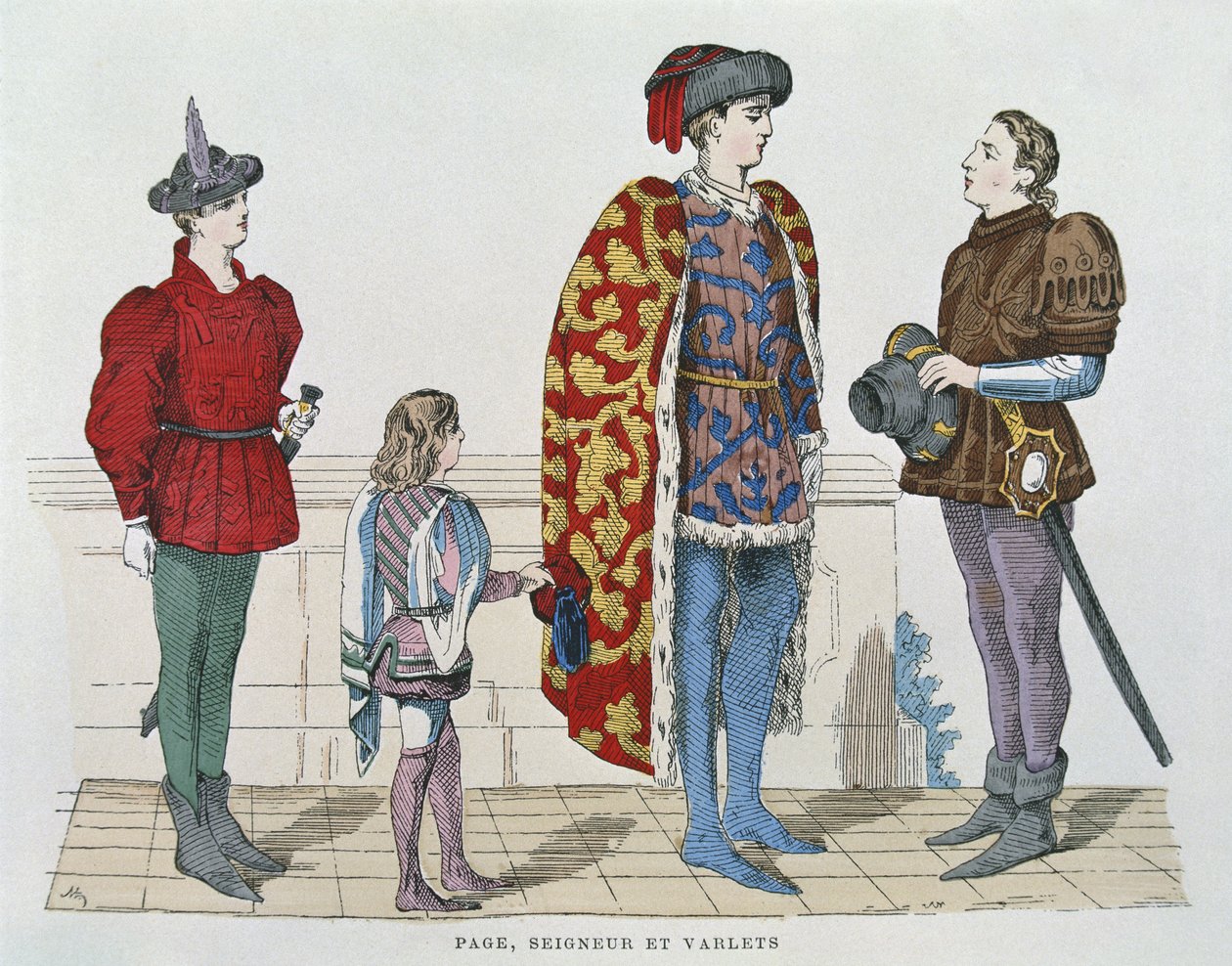 Sidegutt, herre og betjent (farge litho) av School French