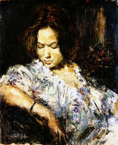 Portrett av en dame (olje på lerret) av School French