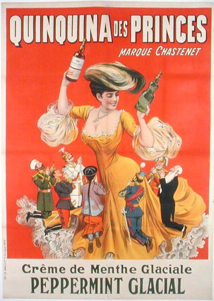 Plakatannonsering «Quinquina des Princes» fransk creme de menthe (litho-farge) av School French