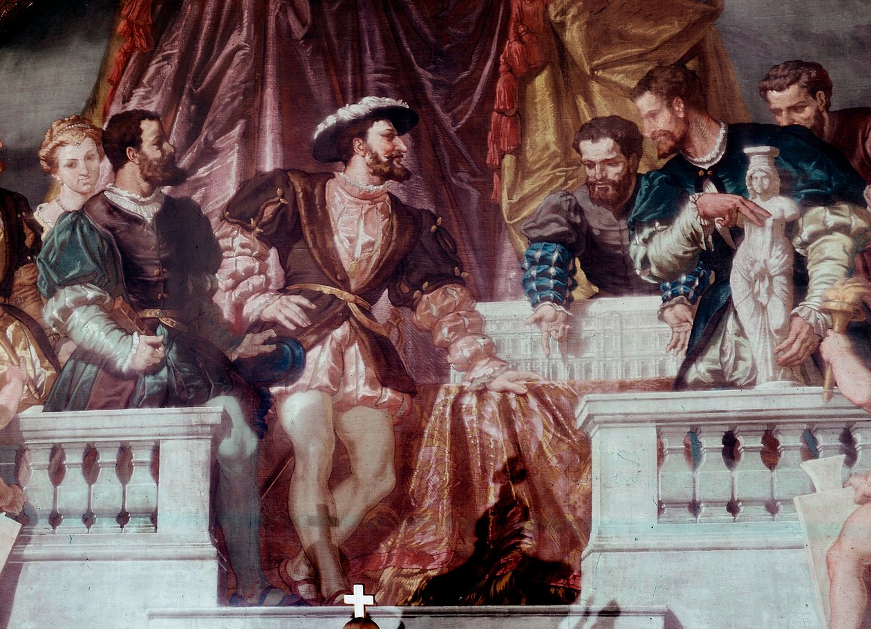 Presentasjon av planene for det nye Louvre til kong Francois I (1494-1547) Kong Francois I mottok arkitekten Pierre Lescot rundt 1546. Freskomaleri av Grand Salon Napoleon III i Richelieu-fløyen, Louvre, Paris av School French