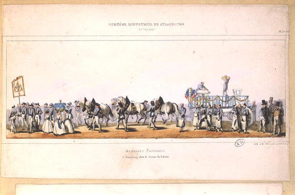 Prosesjon av Meuniers-Fariniers (Millers) i Strasbourg, 25. juni 1840 (farge litho) av School French
