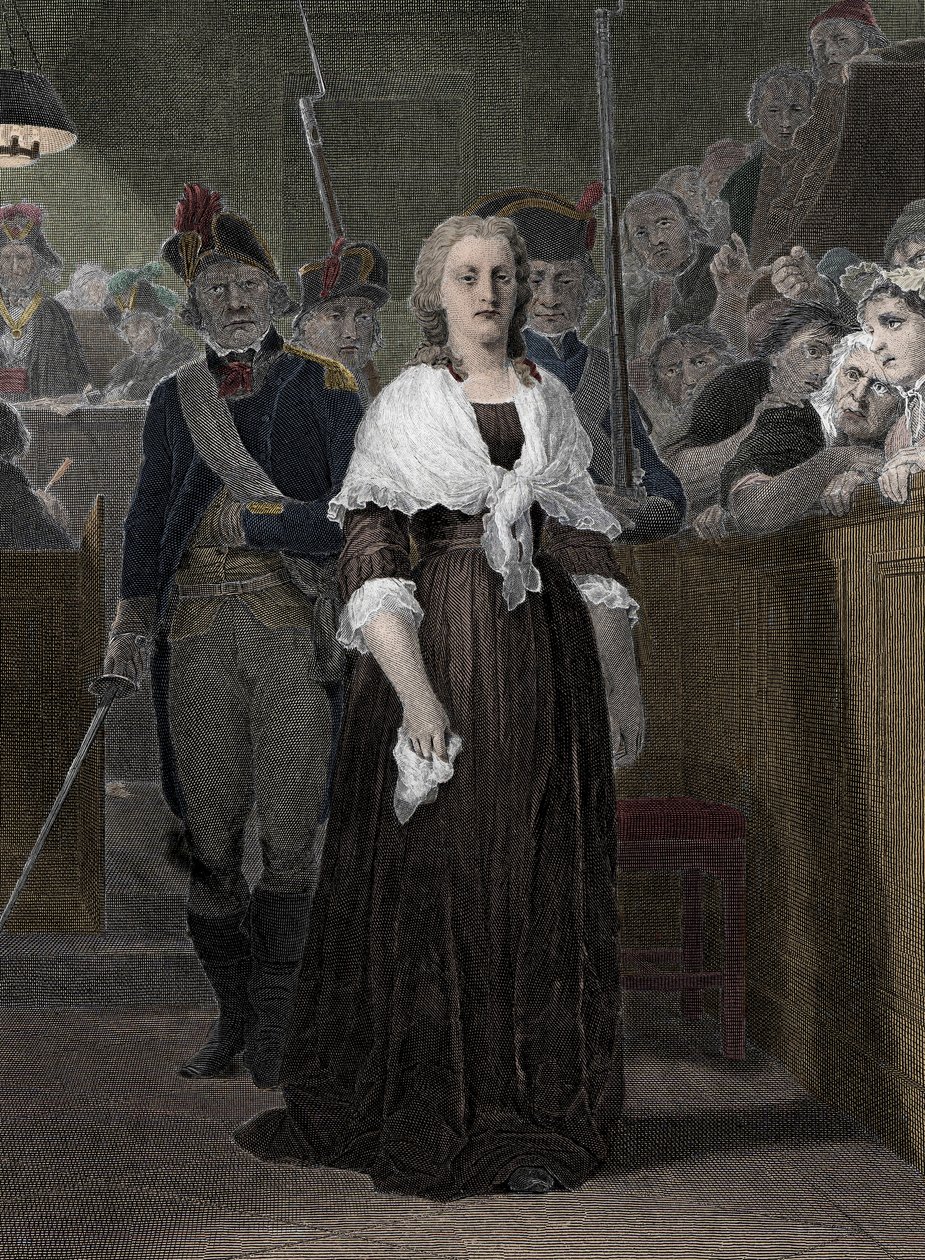 Dronning Marie Antoinette (1755-1793) dømt av revolusjonsdomstolen i oktober 1793" (dronning av Frankrike Marie-Antoinette (1755-1793) under rettssaken hennes ved den revolusjonære domstolen, oktober 1793) av School French