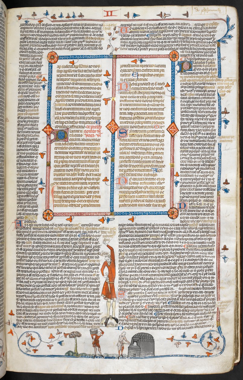 Royal 10 E. IV, f.145 En bas-de-page scene av en mann som besøker en baker, fra 'Decretals of Gregory IX with glossa ordinaria ('Smithfield Decretals')' (vellum) av School French