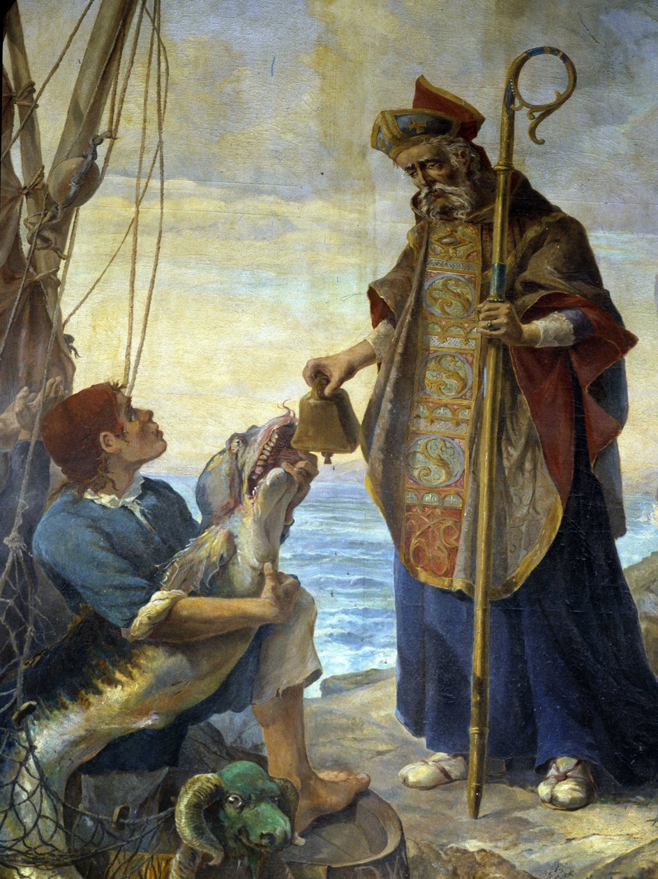 St Pol de Leon mottar av en fisk, på øya Batz, klokken som kong Mark hadde nektet ham i Ouessant, v. 530 - maleri av kirken Morlaix av School French