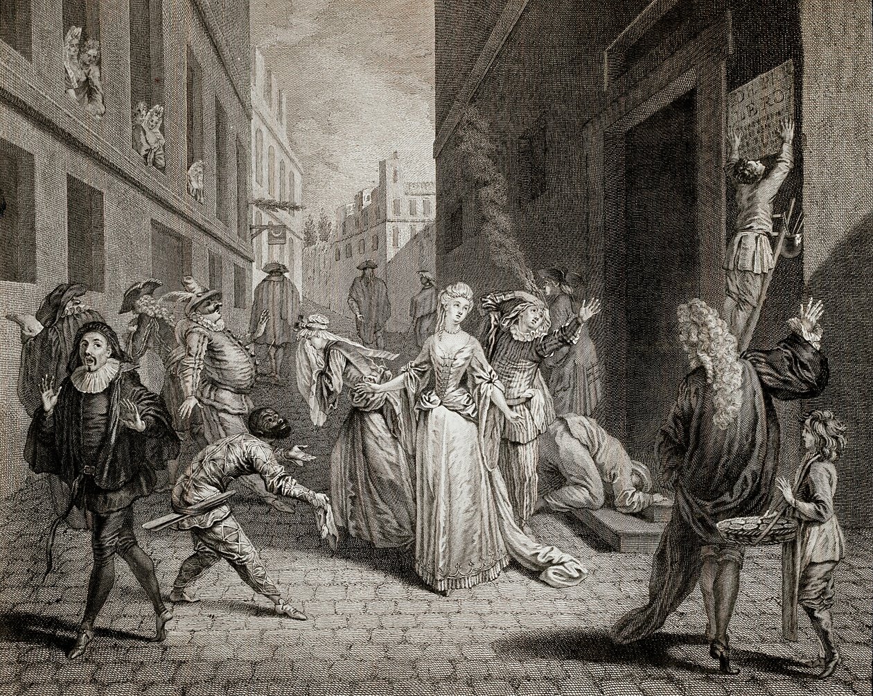 Terror (1793-1794): Italienske komikere (tolkende karakterer fra Commedia dell'arte) blir jaget ut av byen Paris etter sensurtiltakene til parisiske teatre. Gravering. Privat samling av School French