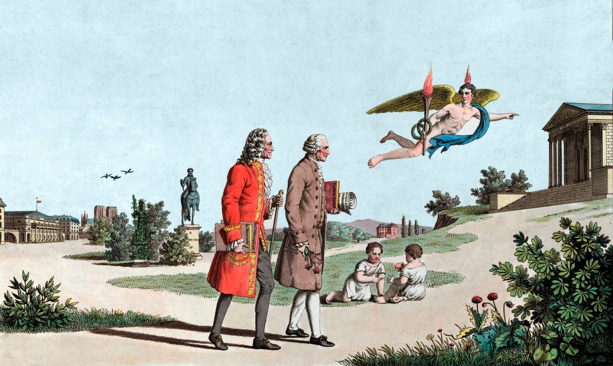 The Spirit of Voltaire og Jean Jacques Rousseau fører dem til Immortality Temple - the Genie of Voltaire (François Marie Arouet, dit Voltaire av School French