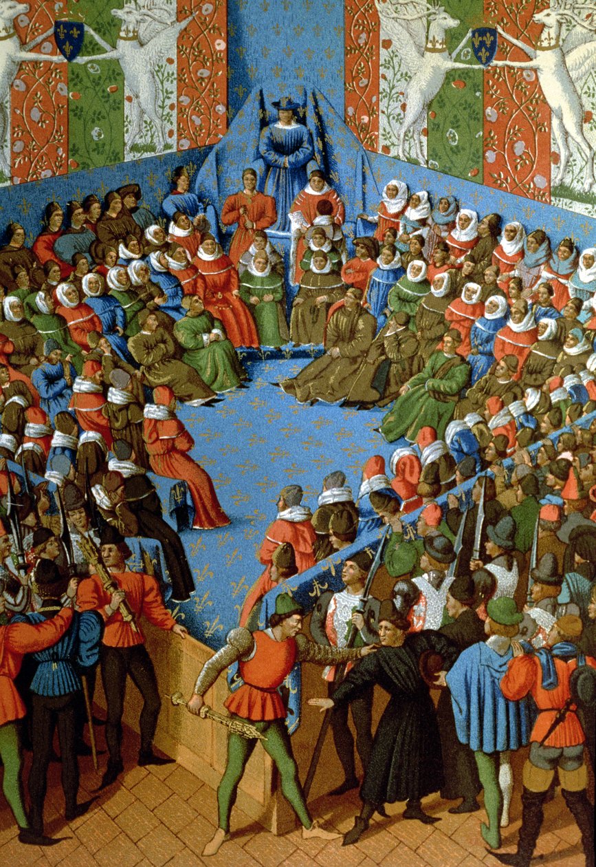 Dom over Jean, hertugen av Alencon, anklaget for å ha konspirert med engelskmennene mot franskmennene, faksimile av et manuskript fra 1400-tallet av Jean Fouquet (farge litho) av School French