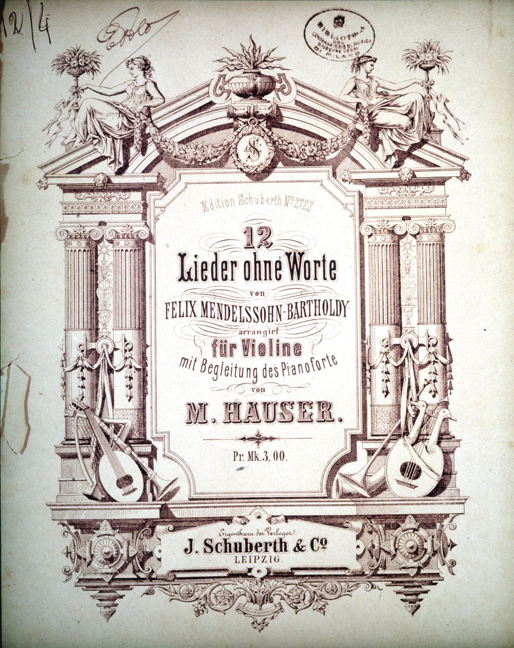 12 Lieder uten ord akkompagnert på piano, av Felix Mendelssohn (litho) av School German
