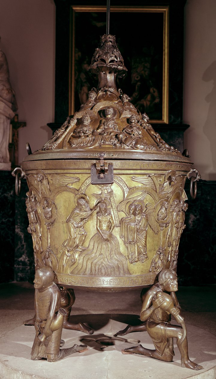 Døpefont som viser et relieffpanel av Kristi dåp, støttet av fire knelende skikkelser som representerer paradisets elver, tysk, ca. 1225-30 (bronse) av School German