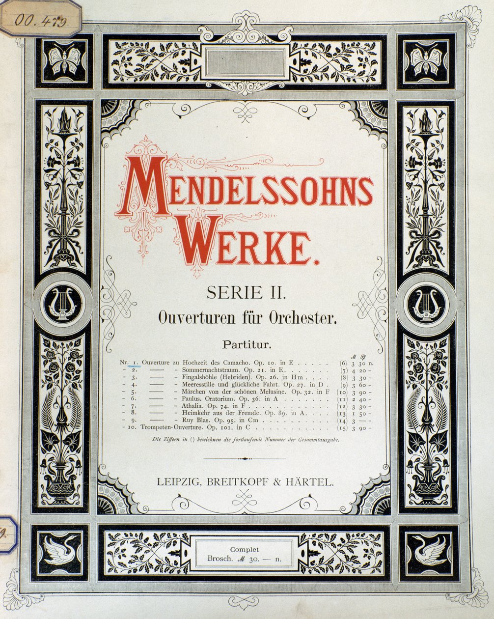 Omslag til partituret "Ouverture Op. 10 for orkester" av Felix Mendelssohn (farge litho) av School German