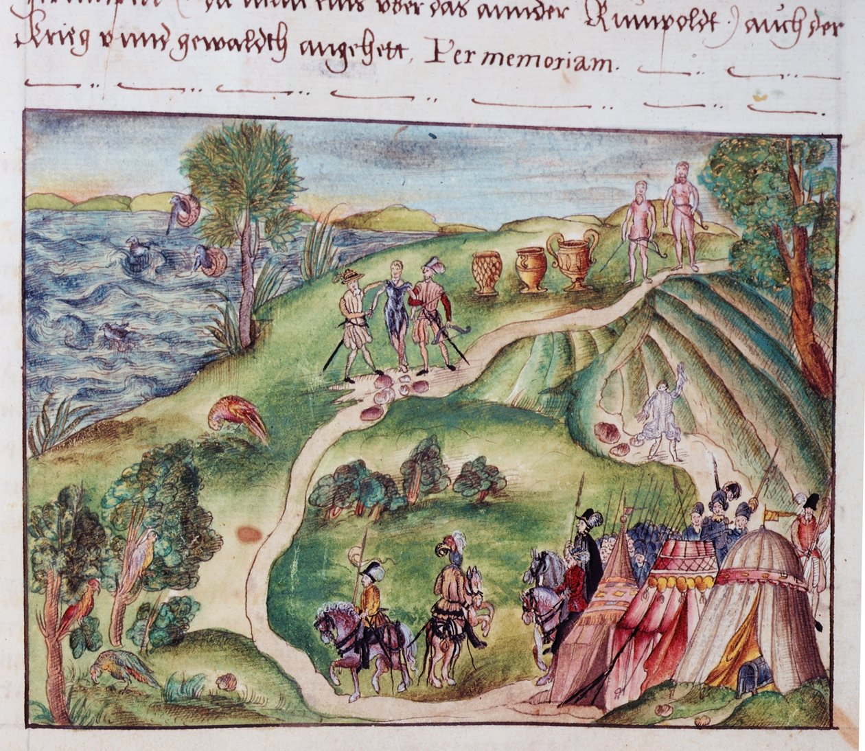 MS Add.15217 fol.40 Et venezuelansk landskap med en spansk leir, fra en samling memoarer fra Coeler-familien, Nürnberg av School German