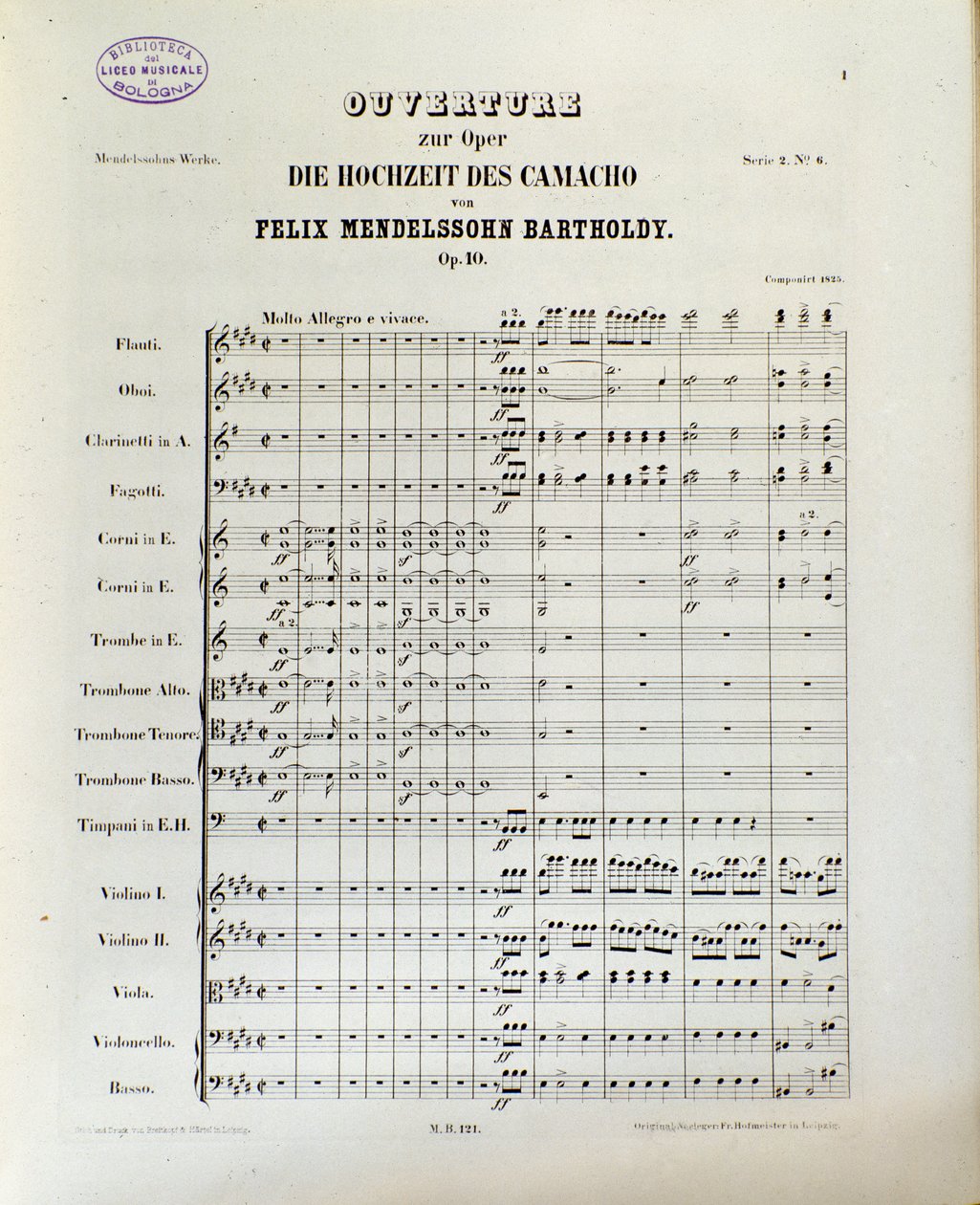 Partitur av "The Wedding of Camacho" av Felix Mendelssohn (litho) av School German