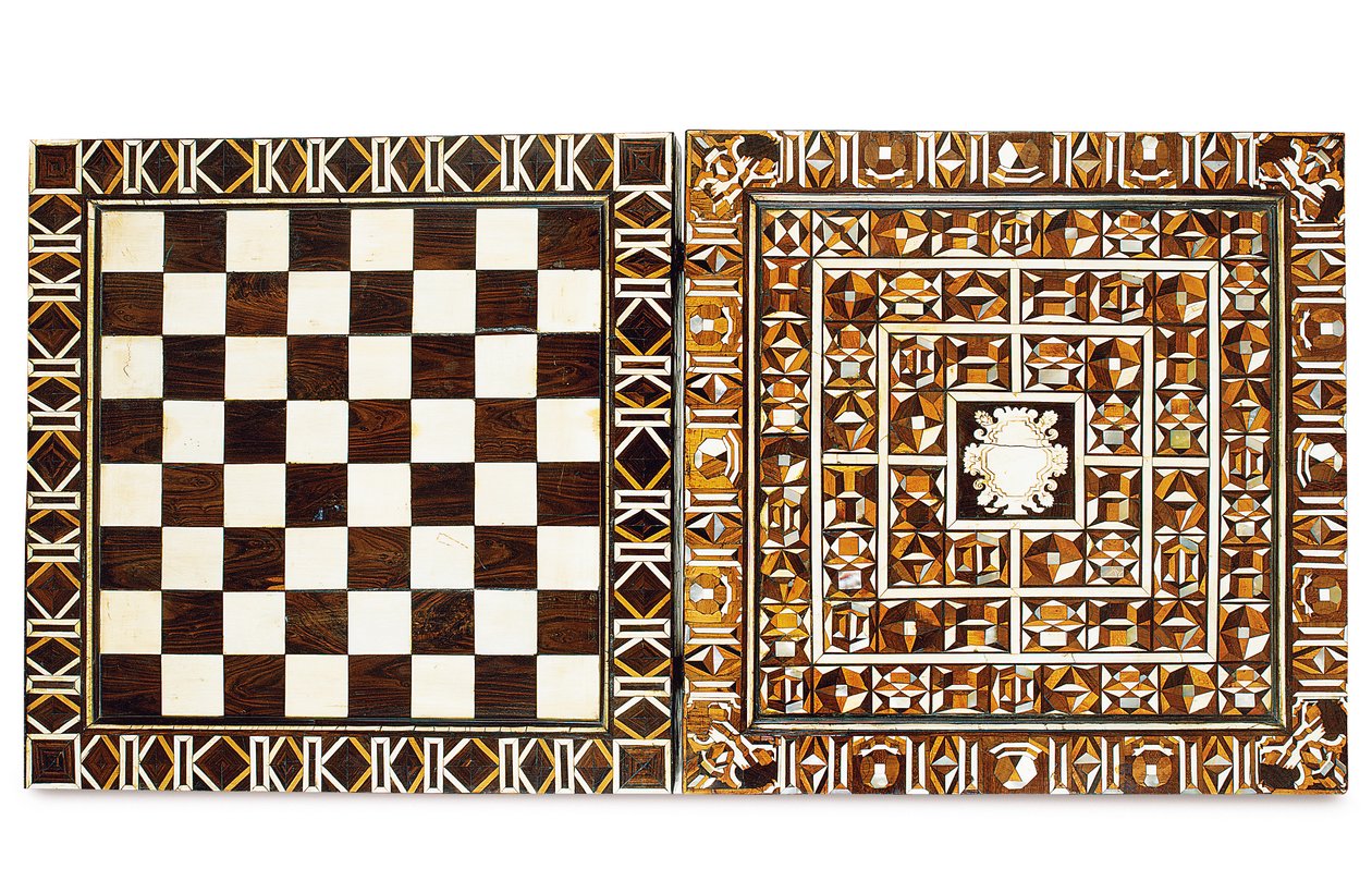 Sørtysk marquetry-spillboks, fra Augsburg eller Nürnberg, sent på 1500- og begynnelsen av 1600-tallet (ibenholt, elfenben, perlemor, valnøtt og fruktved) av School German