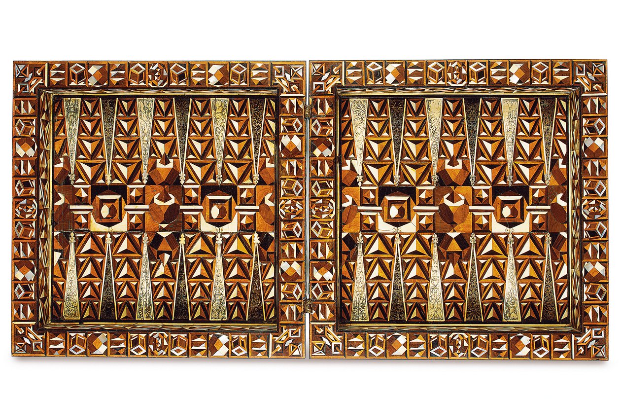 Sørtysk marquetry-spillboks, fra Augsburg eller Nürnberg, sent på 1500- og begynnelsen av 1600-tallet (ibenholt, elfenben, perlemor, valnøtt og fruktved) av School German