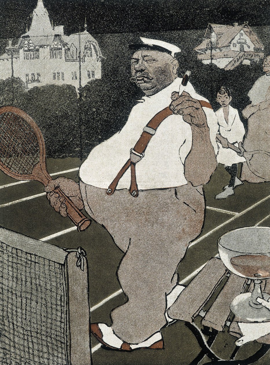 Tennis: feit mann, røyker og drikker alkohol, spiller tennis - tysk tegneserie av School German