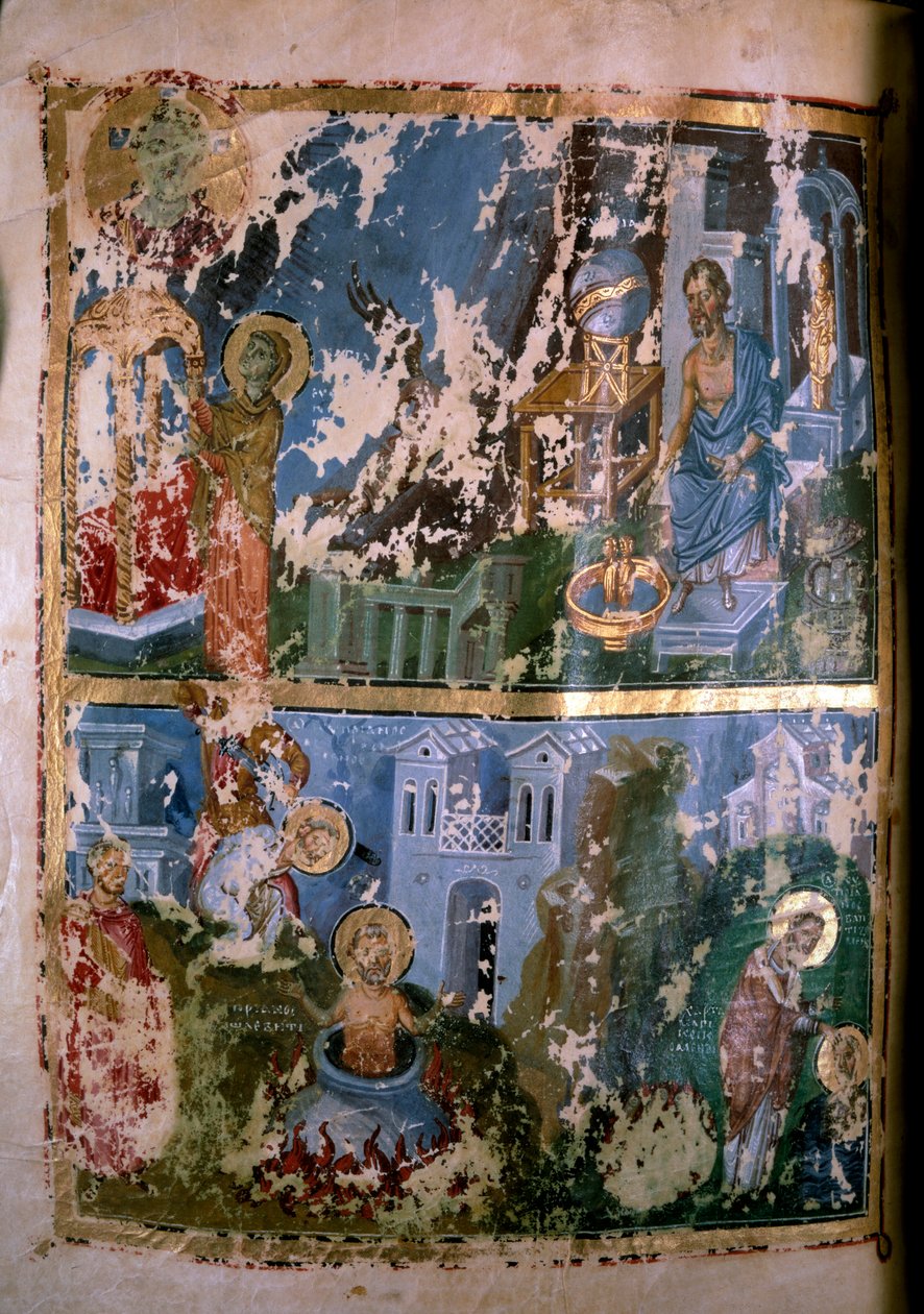 Scener fra livet til Saint Cyprian. Miniatyr i "" Homelies. Orationes"" av Saint Gregoire of Byzantium of Nazianze (eller Naziance) (328-390), 879-882. Gresk manuskript. Paris, NL av School Greek
