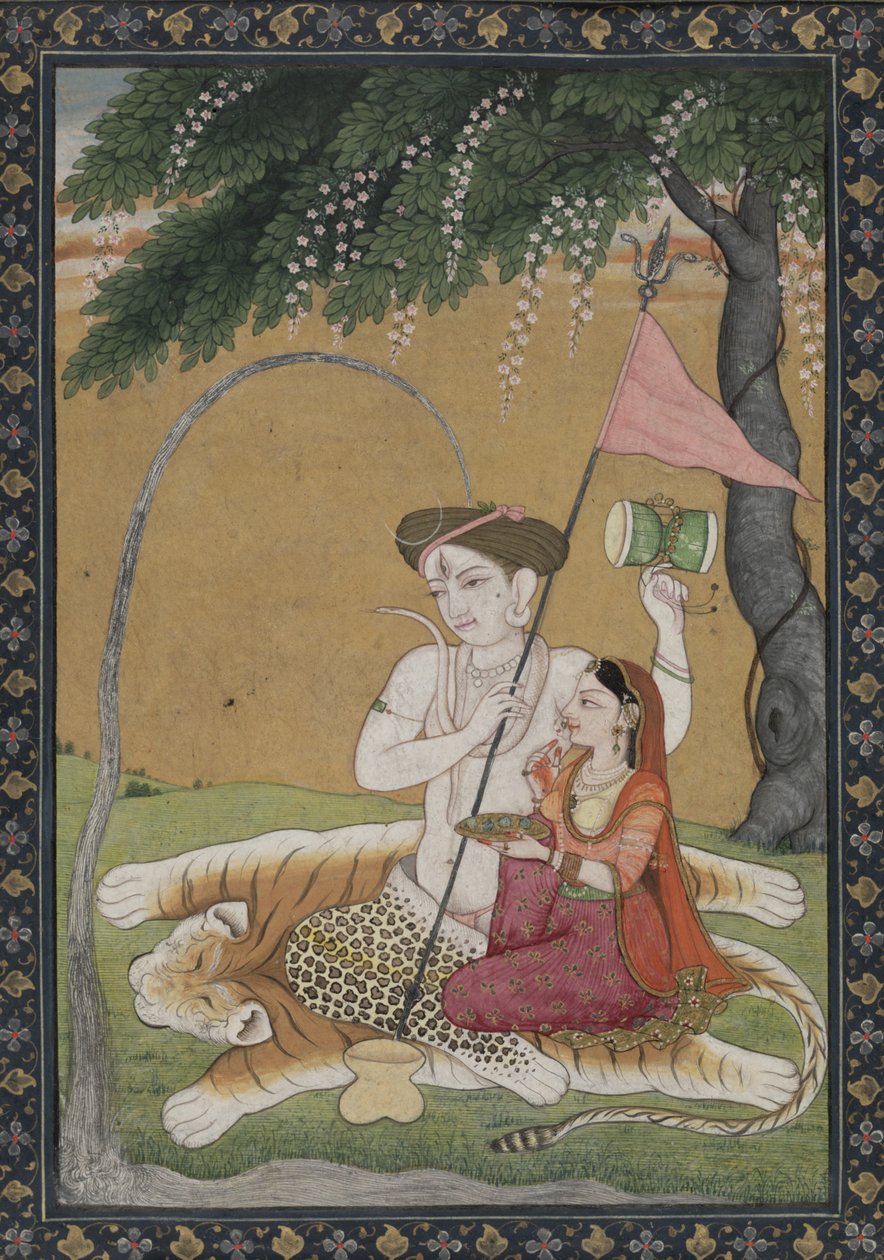 Shiva og Parvati på tigerskinn, ca. 1800 (akvarell med gull og sølv) av School Guler