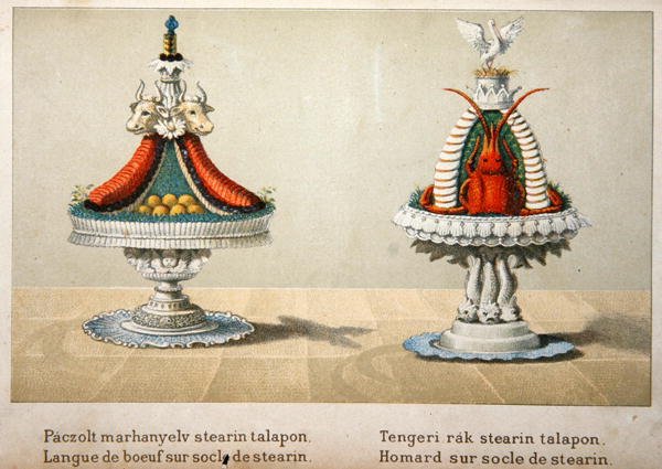 Design for presentasjon av oksetunge på en seng av stearin og for hummer, illustrasjon fra en ungarsk kokebok om fransk matlaging, ca. 1880 (farge litho) av School Hungarian
