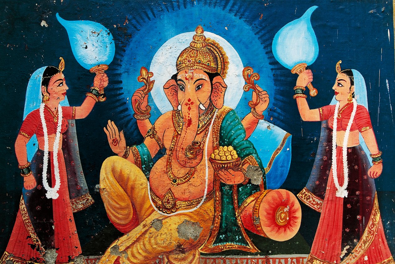 Skildring av Ganesh, Benares, India av School Indian